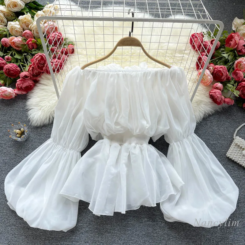 

Blouses Femme Lantern Sleeve Sexy Slash Collar Top Women's Off-Shoulder Slim Waist Ruffled Chiffon Shirt Blusa Mujer 2021 Summer