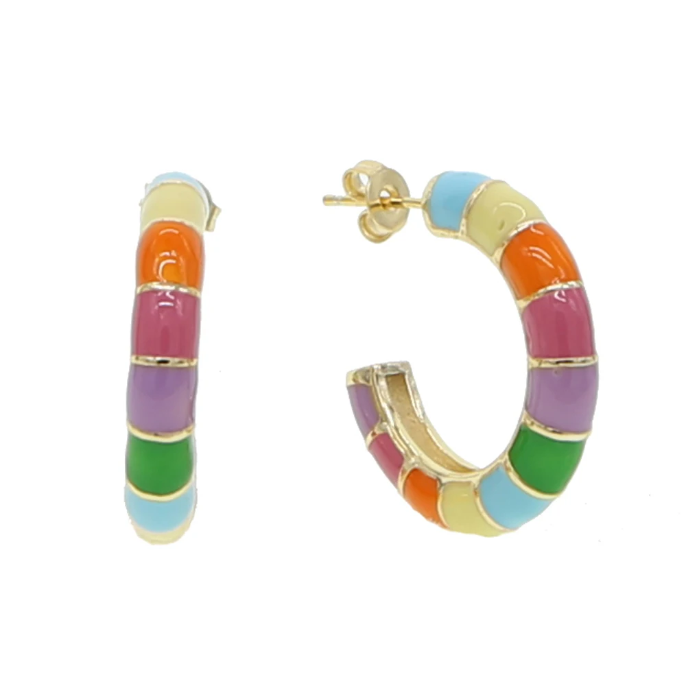 Яркие радужные эмалированные круглые серьги кольца золотого цвета модные