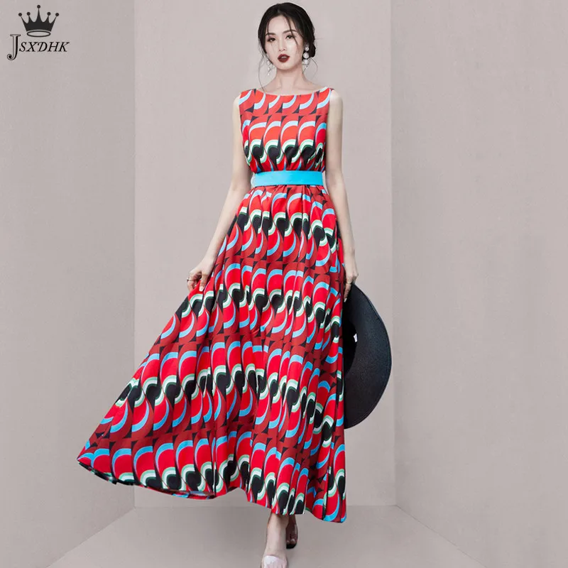 

2021Summer Elegant Print Long Dress High Quality Women O-neck sleeveless temperament belt Party Robe Korean Lady Office Vestidos