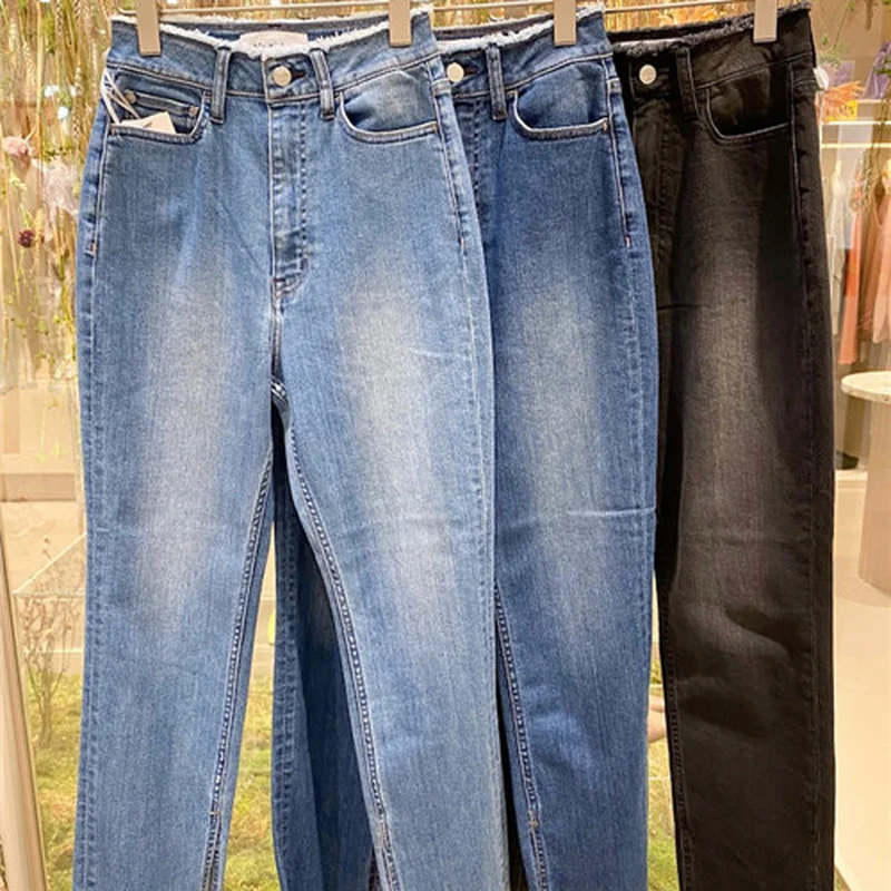 

Spring Summer 2021 New Office Lady Chic Split Denim Pants Women Soft High Waist Straight Trousers All Match Pantalones Mujer