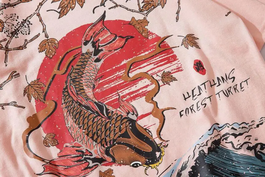 

2021 Men Streetwear T Shirt Hip Hop Koi Fish Maple Leaf Print T-shirt Short Sleeve Harajuku Cotton Casual Tops Japan Style W2032