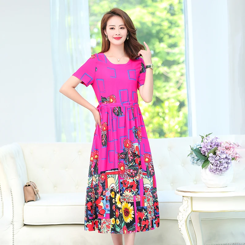 

Women Elegant Floral Print Cotton Dress M-3XL Middle-aged Ladies Short Sleeve Mother Vintage Long Dress Female Vestidos Clothes