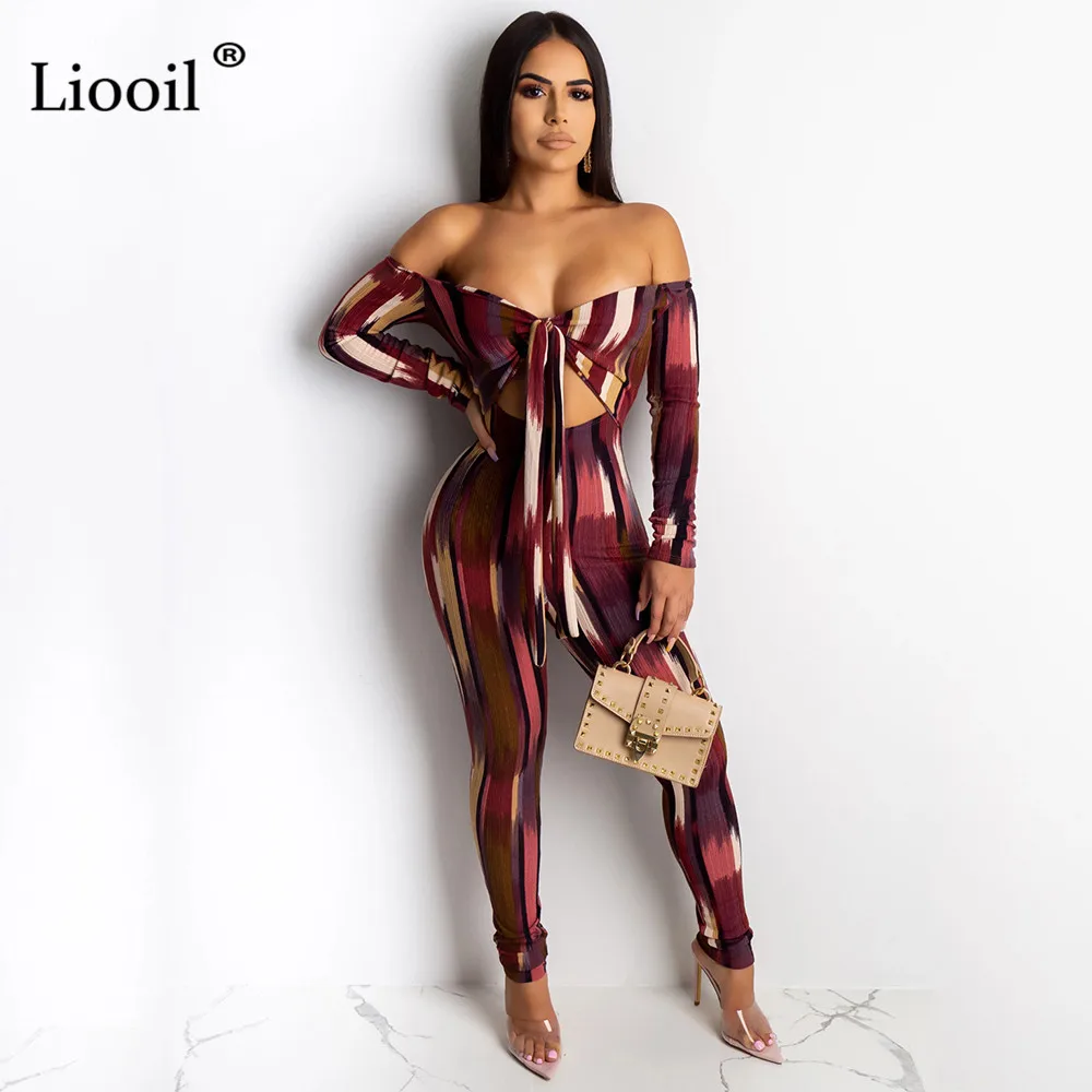 Liooil платье в полоску, с открытыми плечами эротичный вырез Облегающий комбинезон Клубная одежда осень длинный рукав Высокая талия облегающие вечерние женские комбинезоны