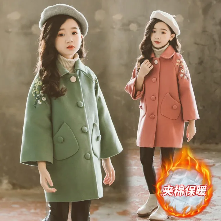 Girls Fall Winter Cotton-Padded Woolen Coat New Kids Leisure Woollen Overcoat Children's Embroidered Windbreaker Outerwear P161 | Мать и