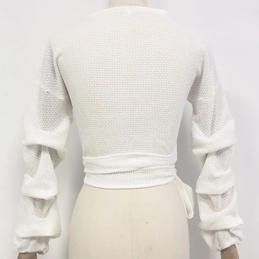 Женский длинный рукав сплошной цвет сексуальный v-образный вырез короткий свитер