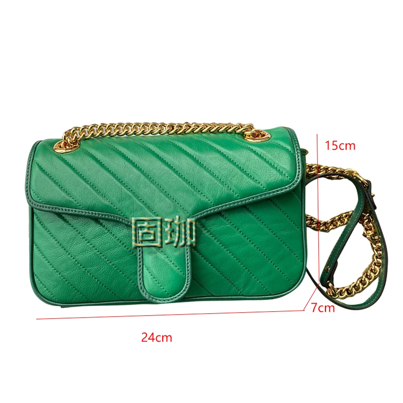 

Italian Gujia top quality green leather straddle women's bag, gold chain shoulder strap, wavy embroidery, have box and dust box