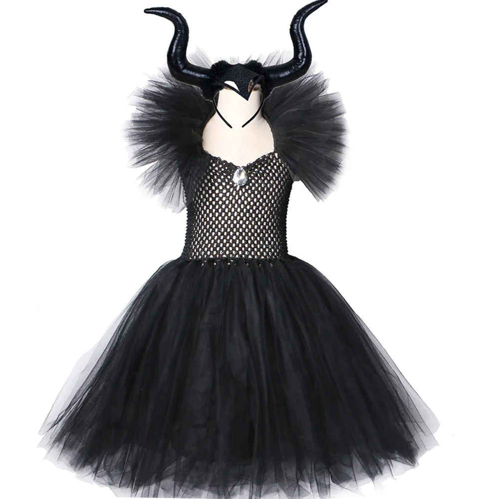Платье ведьмы Maleficent Детский костюм для Хэллоуина черное платье-пачка с V-образным