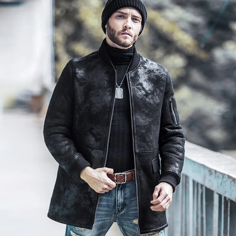 

Fur one Genuine Leather Jacket Men Bomber Collar Long Shearling Jacket Mens Fur Coat Sheepskin Wool Outwear 5XL