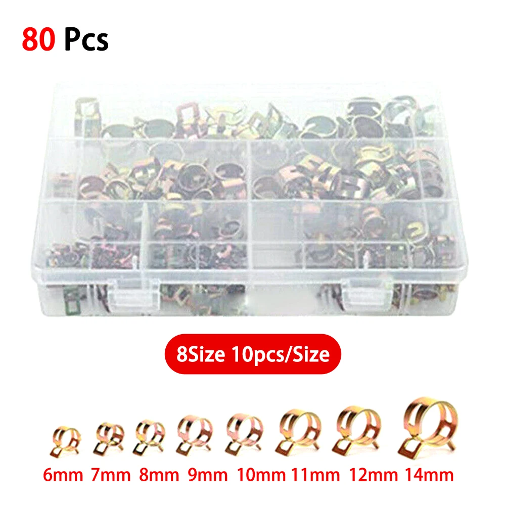 

80pcs Spring Clip Fuel Hose Clamp Zinc Plated Four Claws Nut Gear Hose Fuel Line Clamp for Boats Motorcycles with Storage Box