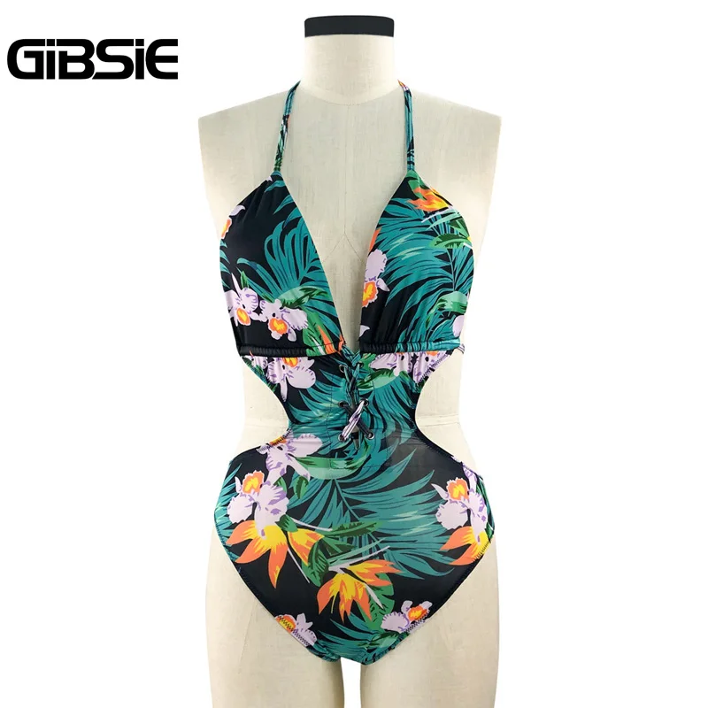 GIBSIE слитный купальник с тропическим принтом для Для женщин сексуальный глубокий