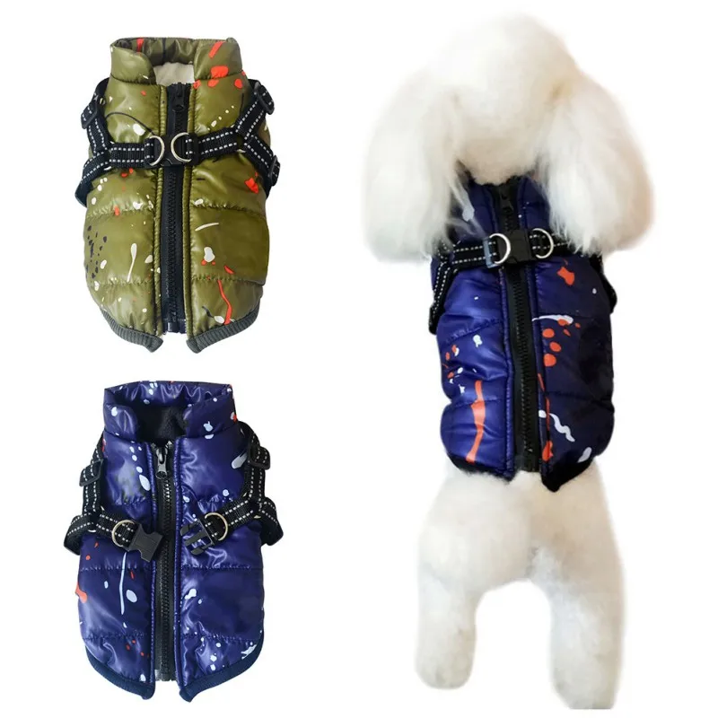 

Pet Jacket with Harness Winter Waterproof Clothes Puppy Outdoor Walking Splash printing Chest Strap Dog Cloth Vest