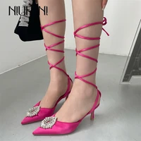 niufuni womens shoes 2022 new spring baotou ankle strap pointed metal decorative high heel sandals womens size 35 40