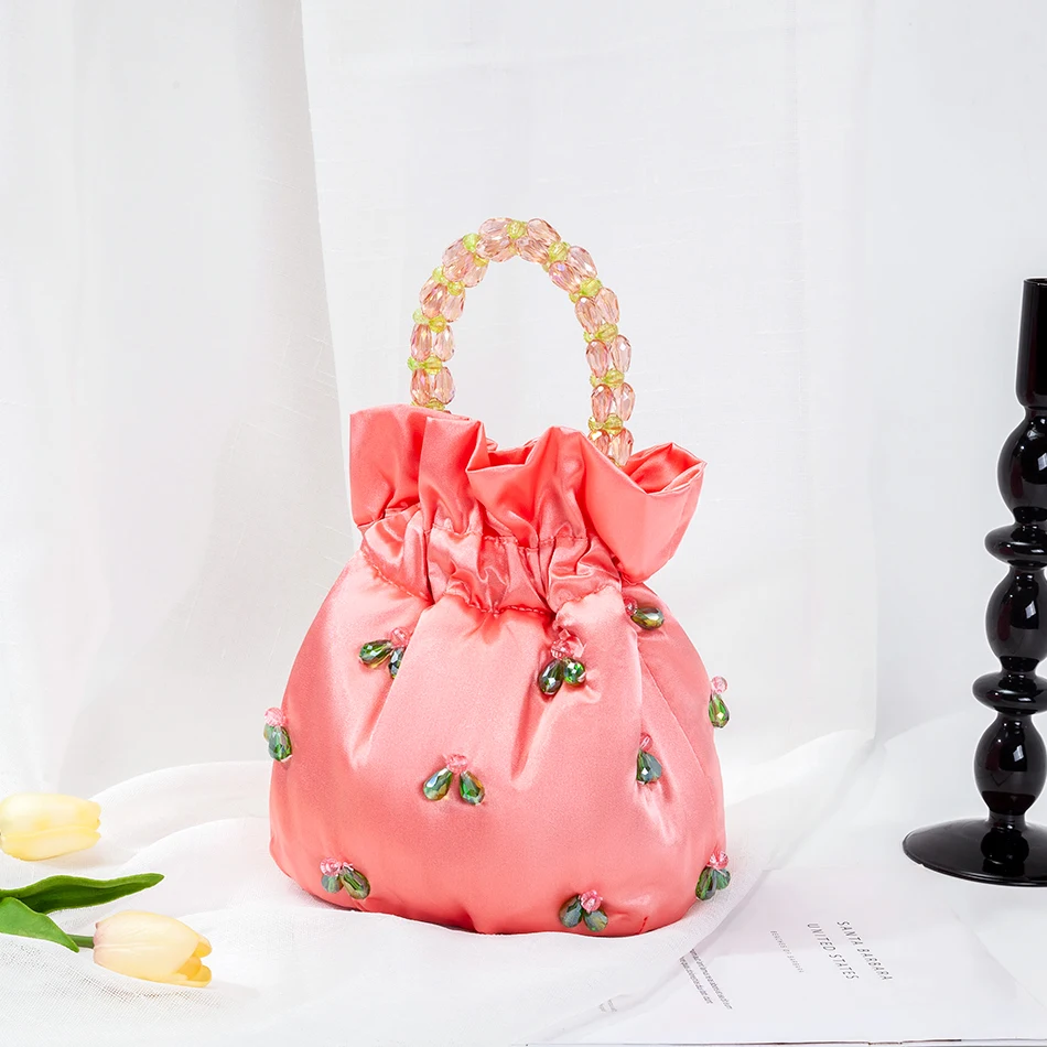 

Beads Handle Satin Hobo Bags Women New Korean Chic Cute Handmade Top Handle Beading Bucket Purse And Handbag Bridal Wedding