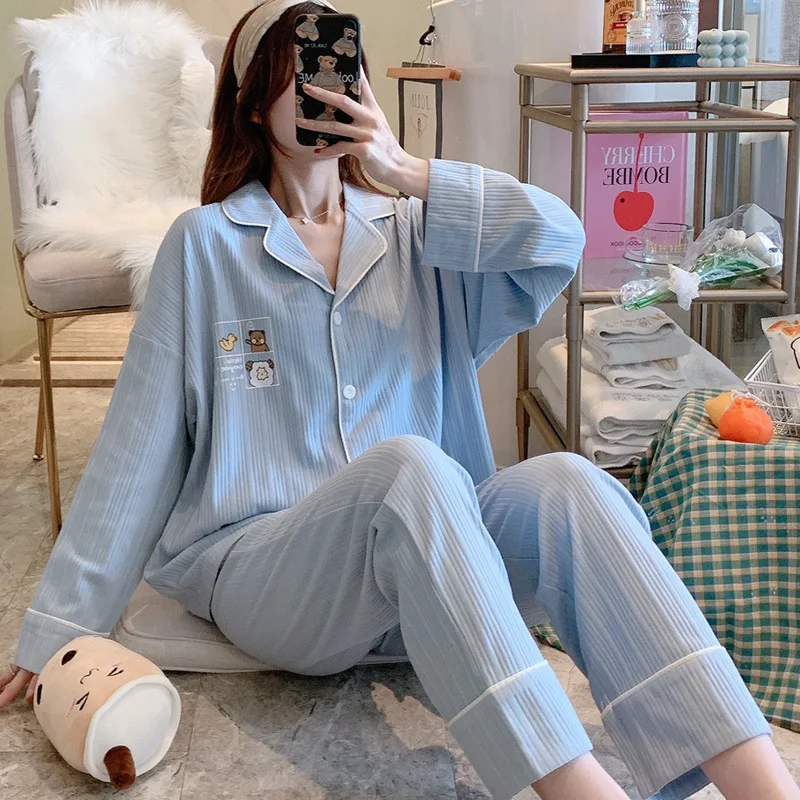 Sleepwear Women Cotton Thin Long Sleeve Pajamas Set Spring and Autumn Cotton Cute Plus Size Loose Home Clothes Schlafanzug