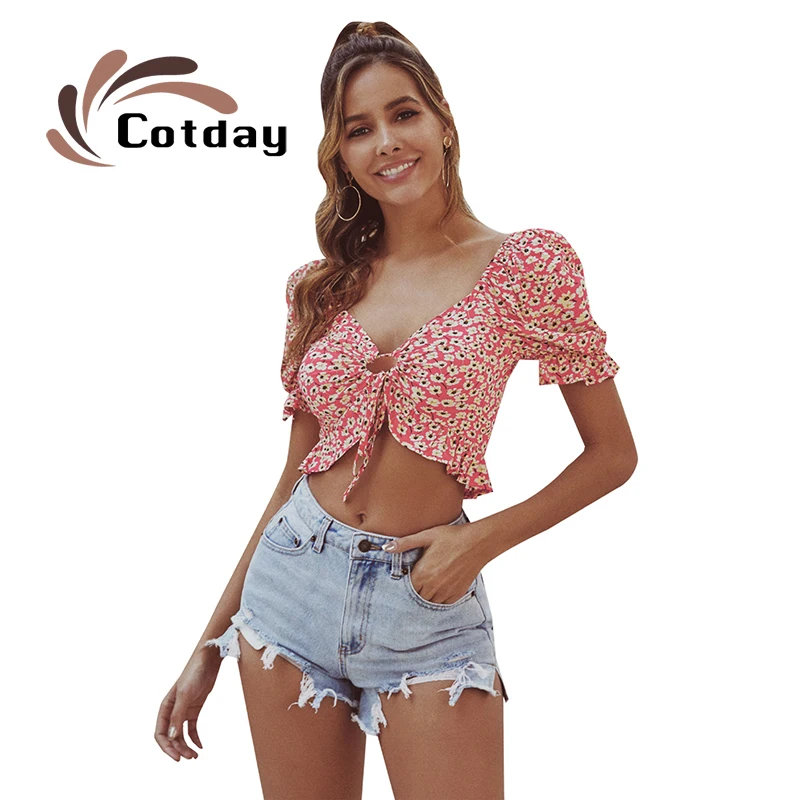

Cotday Fashion Pink Vintage Ruffles Floral Chiffon Bandage Sexy V-neck Navel Short Top Butterfly Sleeve Slim Women Summer