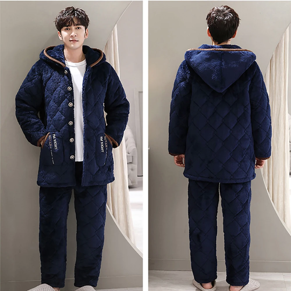 Men's Pajama Sets Winter Flannel Pajamas Trendyol Hooded Sleepwear Thick 3-layer Cotton Big Size Pajamas for Men Loose Home Wear