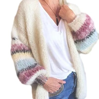 women autumn warm mohair knitted open front cardigan candy color sweater coat striped lantern long sleeve loose outwear