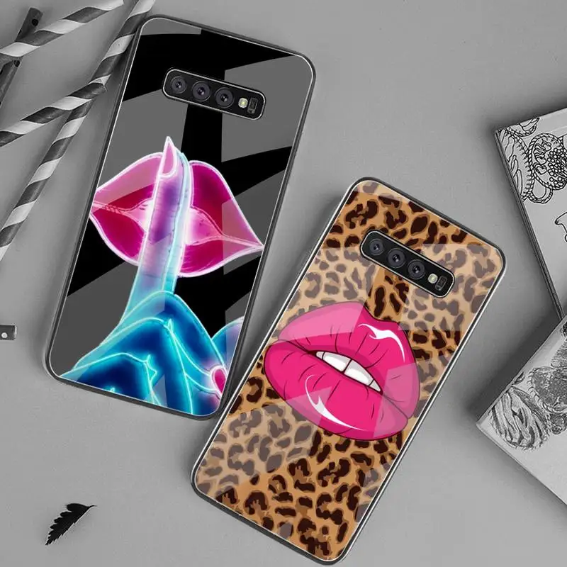 

YJZFDYRM Women Sexy lips Cover Black Soft Shell Phone Case Tempered Glass For Samsung S7 S8 S9 S10 Plus Note 8 9 10 Plus