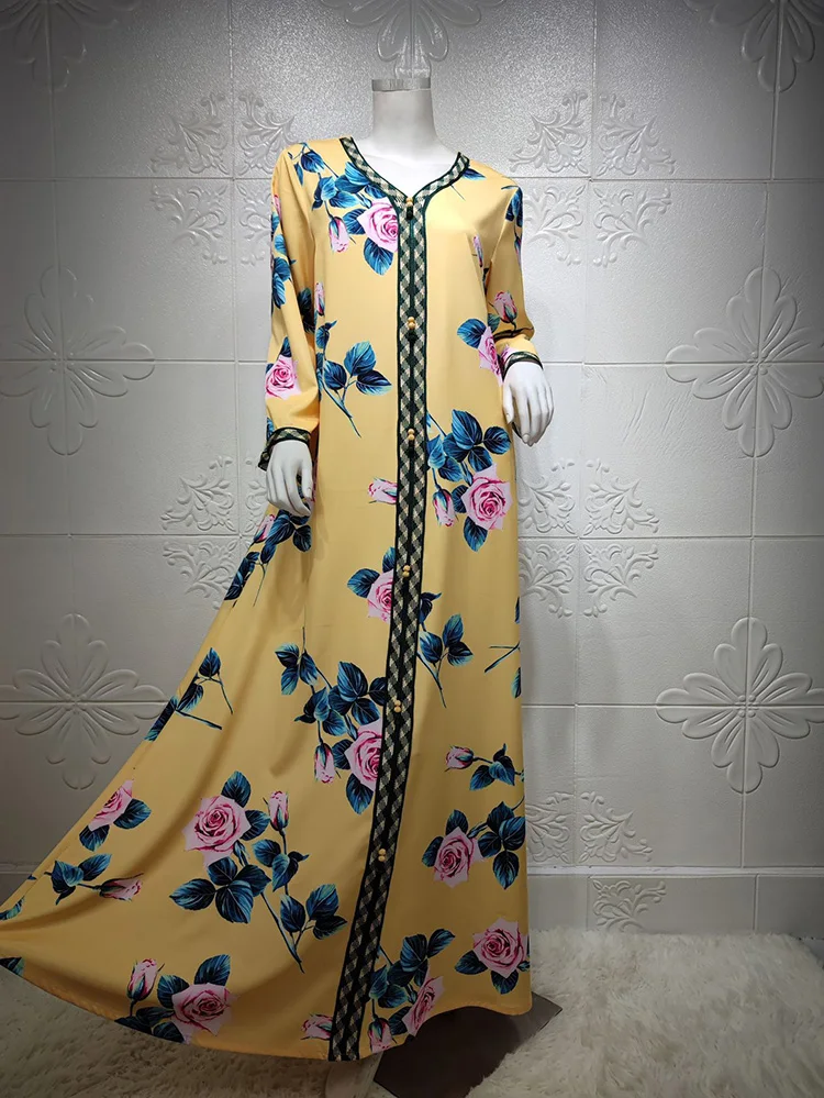 

Muslim Abaya Dress Eid Jalabiya Print Flower 2021Loose Robe Islamic Clothing SummerMubarak Dubai Turkish Arabic Moroccan Kafta