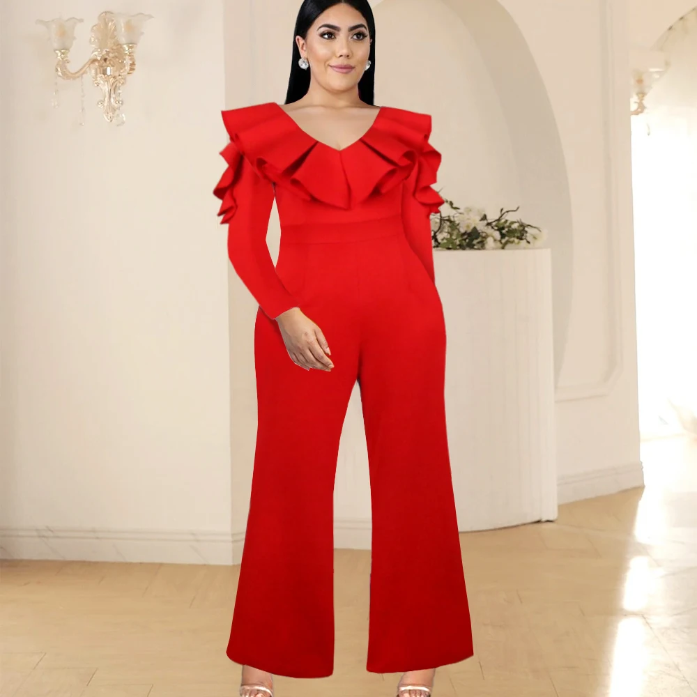 

Ruffles Plus Size Jumpsuits Sexy V Neck Long Sleeve High Waist Bodycon Wide Leg Women Rompers Evening Birthday Party Overalls