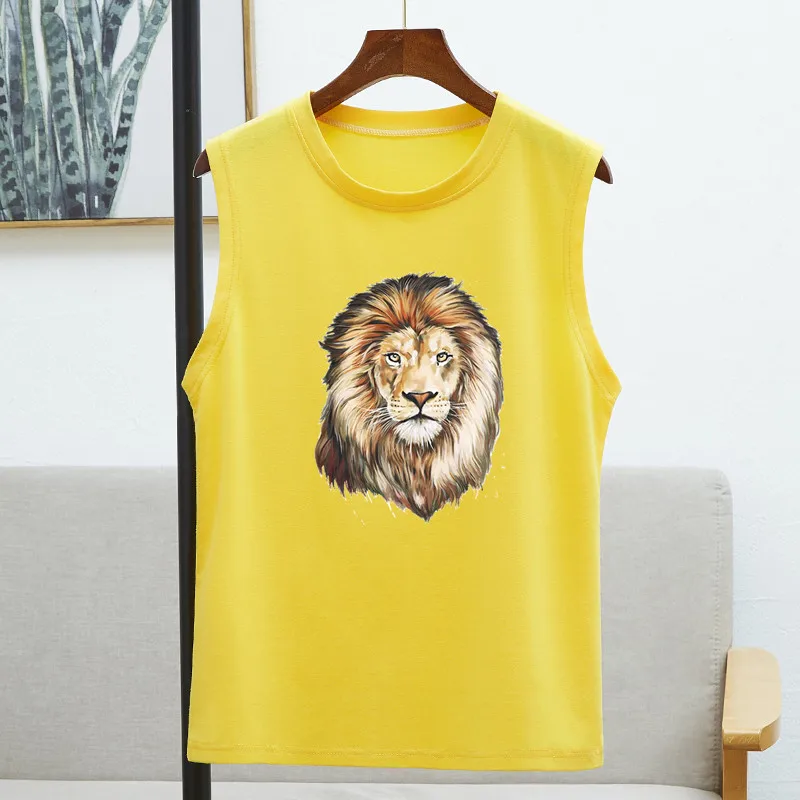 Модная женская футболка с Львом свободная без рукавов женские топы летняя пара