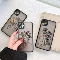 abstract line art sketch flower girl case for iphone 11 12 13pro xs max x xr 7 8 plus se 2020 translucent matte shockproof cover
