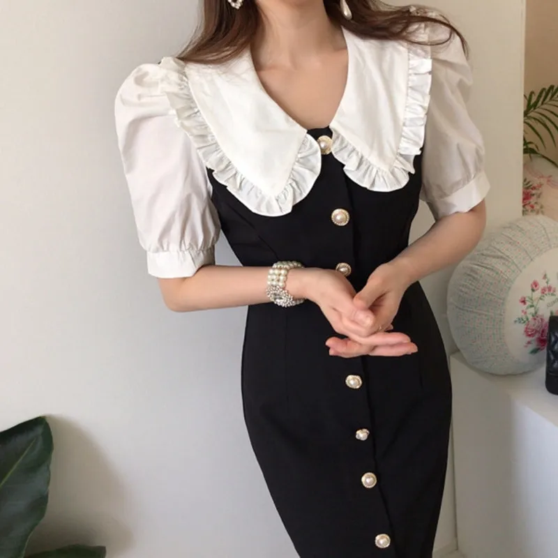 

Vintage Long Dress Women Summer 2021 Korean Style Slim Single Breasted Office Lady Short Sleeve Dress Elegant Vestidos