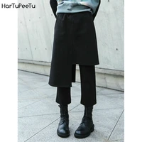 women winter irregular pants boot cut warm thick woolen harajuku pant elastic waist darkness black japanese calf length trousers