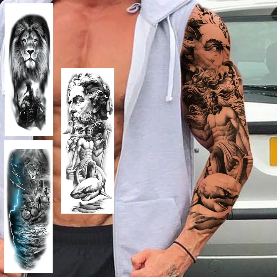 

God Whale Full Arm Fake Tattoo Sleeve For Men Boy Adult Realistic Lion Tiger Temporary Tattoo Sticker Long Size Waterproof Tatoo