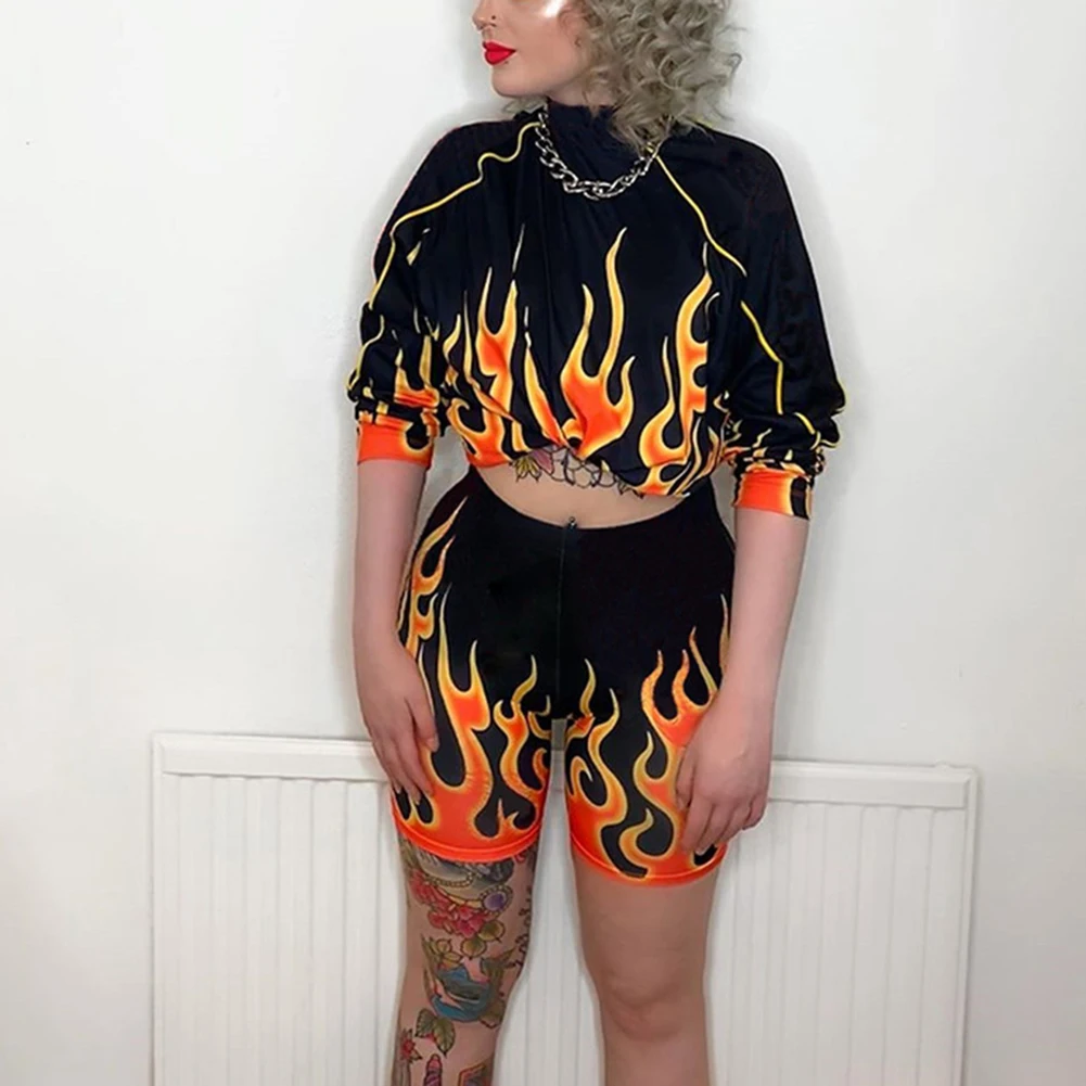 

2019 Autumn Flaming Fire Printed Sweatshirt Streetwear Fashion Casual Plus Size Women Pullovers Long Sleeve Sweatshirts
