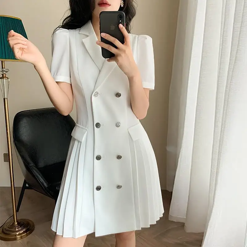

Женское офисное платье с коротким рукавом, однотонное белое двубортное тонкое Повседневное платье, лето 2021