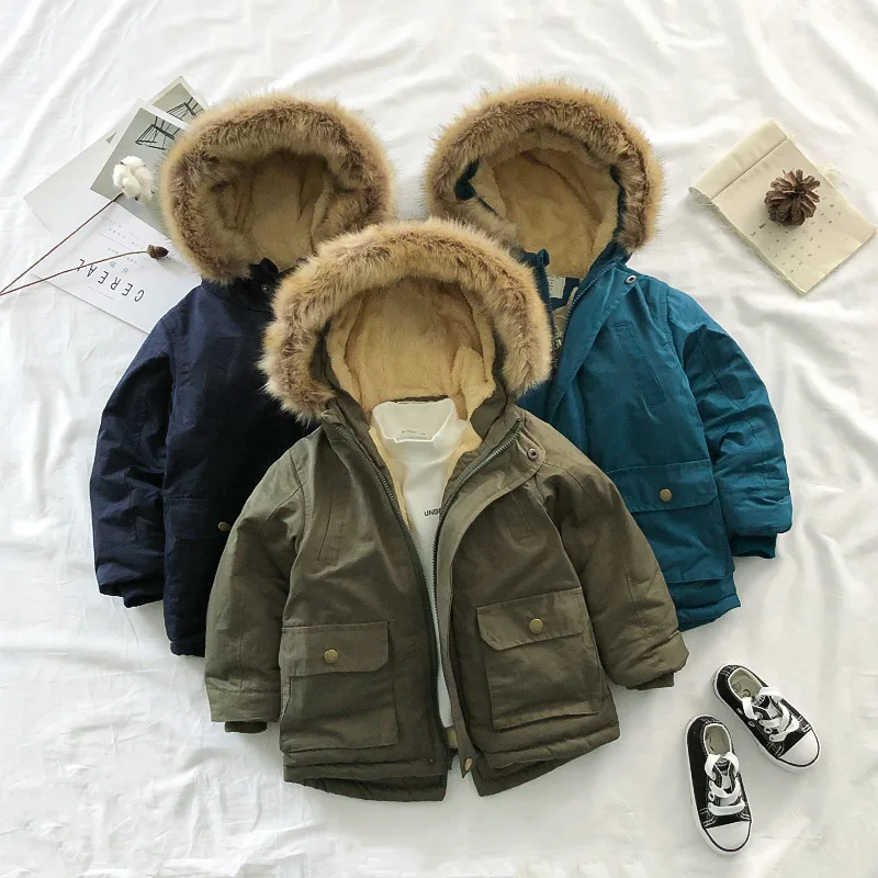 

2020 Boys Clothes Solid Parkas Winter Jackets Coats Faux Fur Hooded Collar Jacket Kids Boys Cotton Windbreaker Overcoat