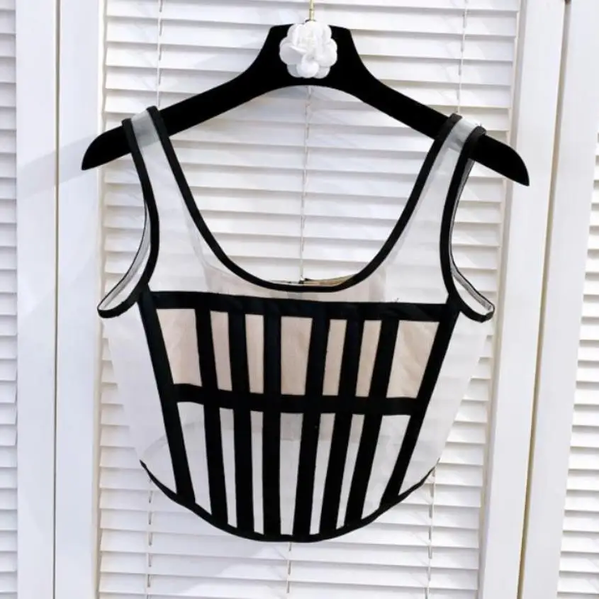 

2022 New Fishbone Camisole U-neck Design Waisted Bustier Bra Black and White Contrast Stitching Hollow Mesh Tank Tops y933