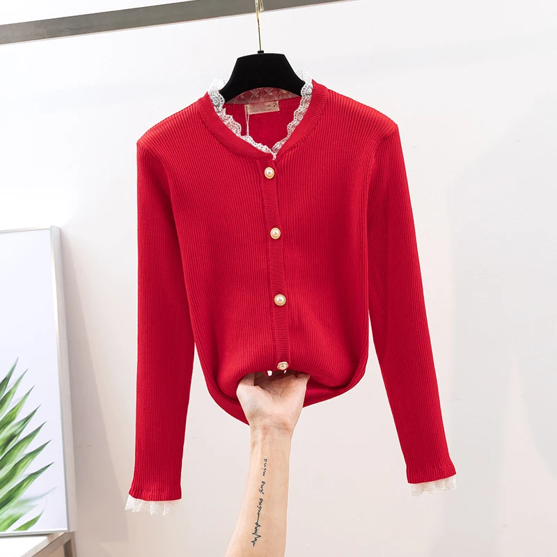 Женский кружевной кардиган свитер с v-образным вырезом и жемчужными пуговицами