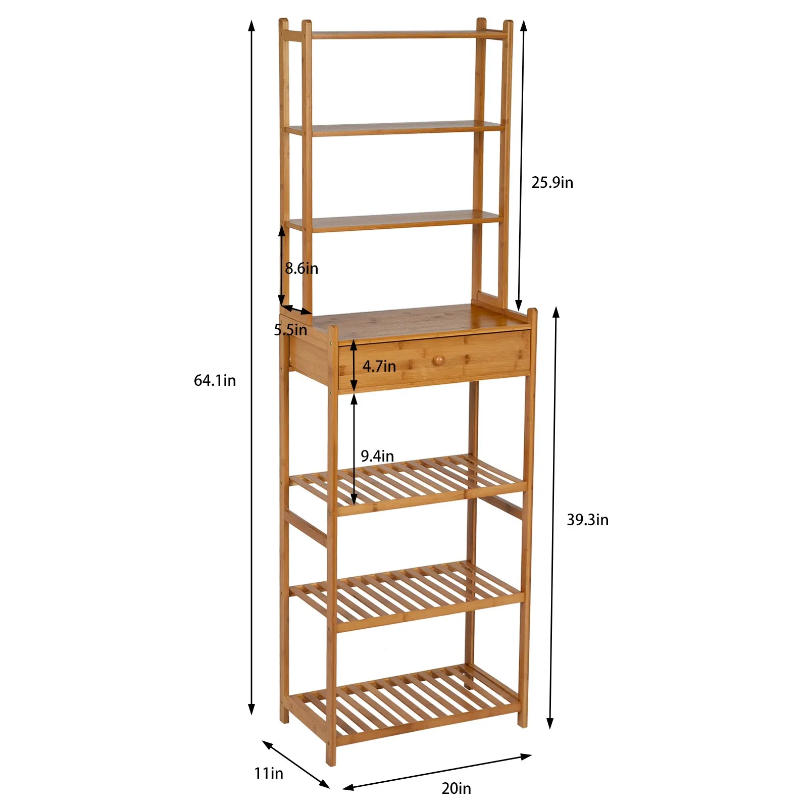 

7-Tier Bamboom Bookshelf Bathroom Tower Rack 64'' Free Standing Floor Stand Storage Organizer Modern Home Office Shelving Unit