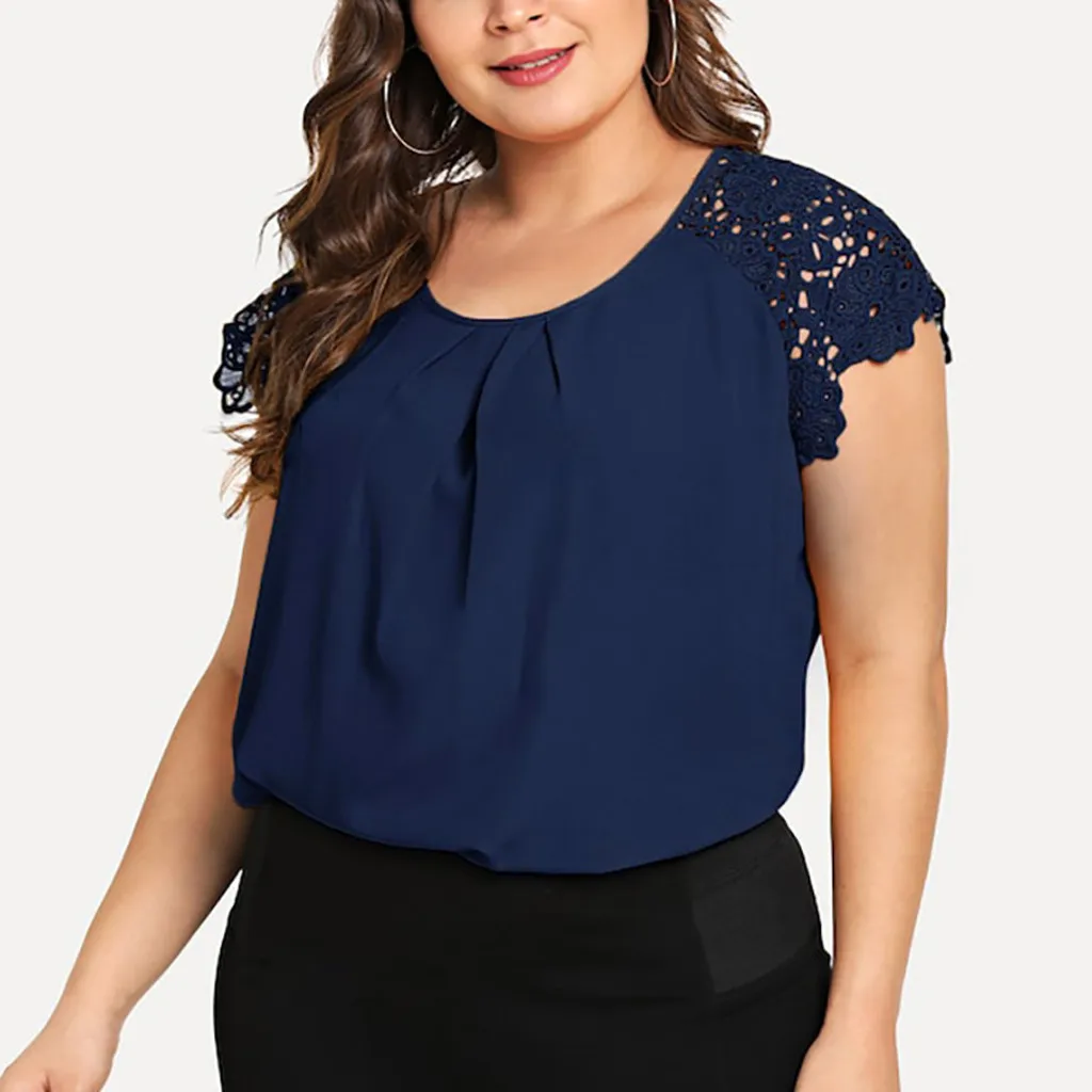 

Plus Size Womens Blouse Summer Solid Color O-neck Floral Lace Shoulder Blusas Elegantes Office Ladies Shirts Blusa Feminina 2022