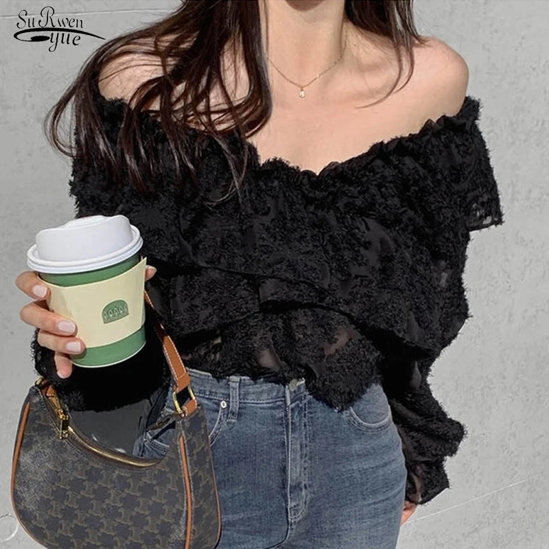 

Slim Petal Sleeve Patchwork Solid Casual Vintage Shirt Elegant Pleated Ruffle Blouse Women Sexy Slash Neck Lace Top Blusas 18542