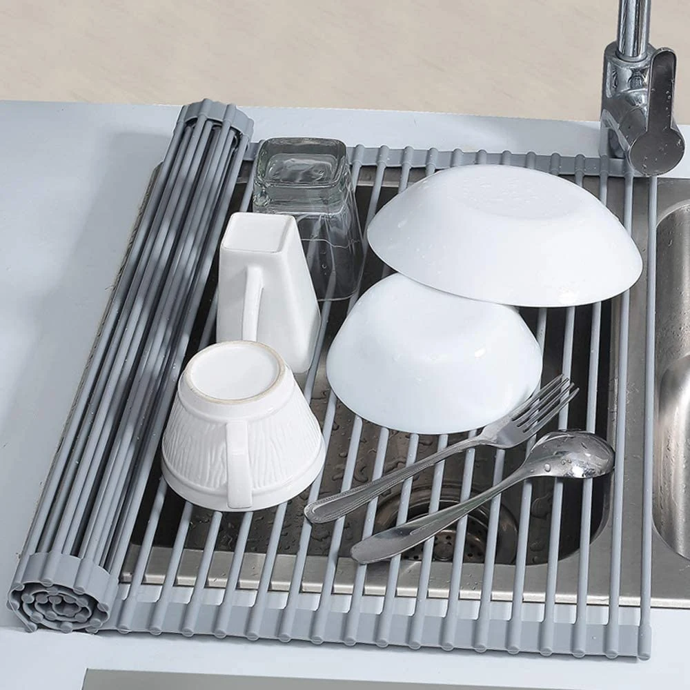 

Roll-Up Stainless Steel Vegetable Fruit Tray Drain Rack Kitchen Sink Silicone Wipe Finishing Rack Kitchen Storage Accessories