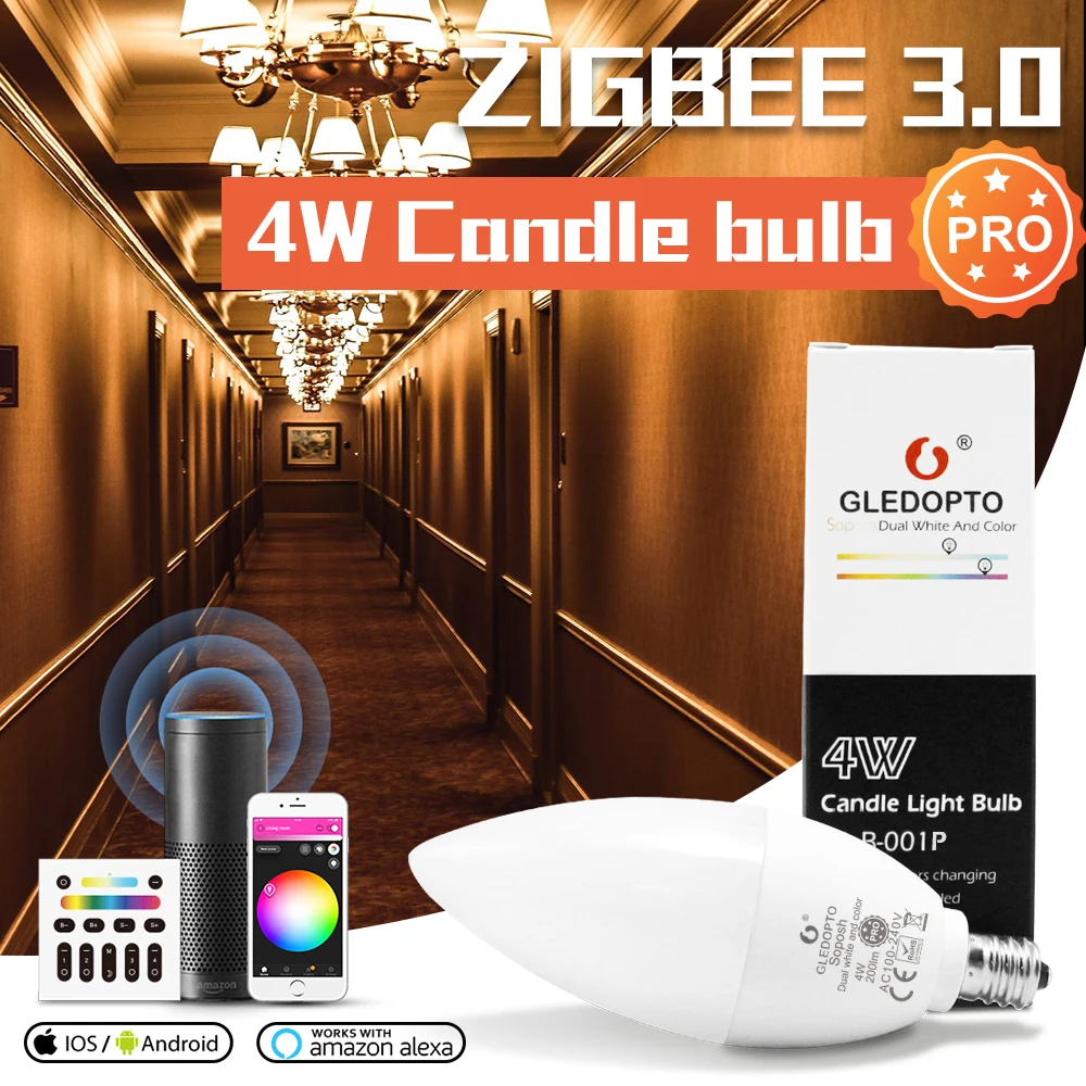 Zigbee 3.0 RGBCCT 2000K-6500K Candle Bulb 4W Pro Color Changing Light E12/E14 Work With Echo Plus Alexa SmartThings RF Remote