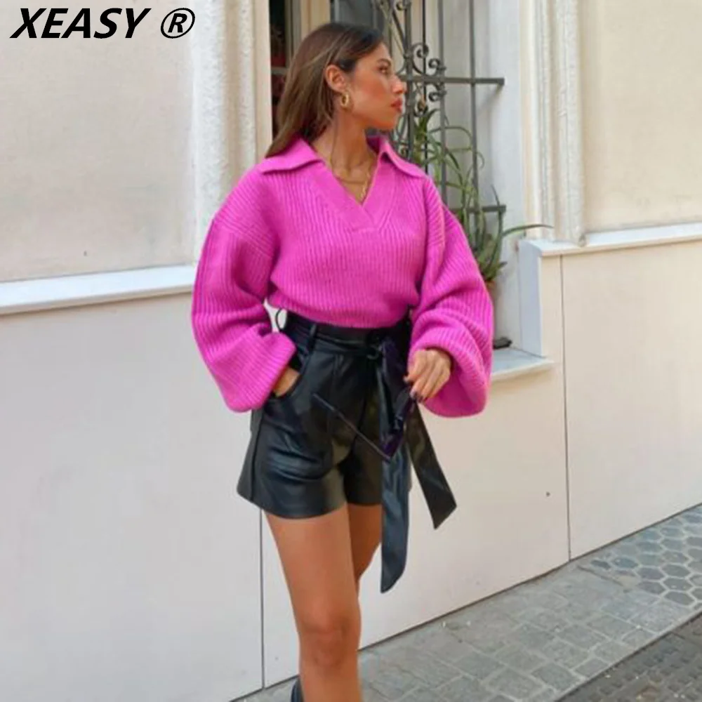 

XEASY Women Sweater Pullover Fall Clothes For Women Za 2021 Vintage Sweater Long Sleeve Top V Neck Sweater Casual Women Jumper