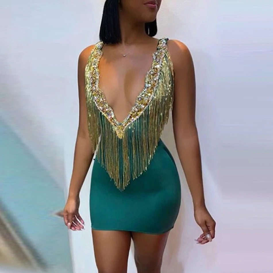 Новинка, Осеннее зеленое Бандажное Клубное платье с кисточками, Vestidos, сексуальное облегающее мини-платье с глубоким v-образным вырезом, вечернее платье для рождественской вечеринки