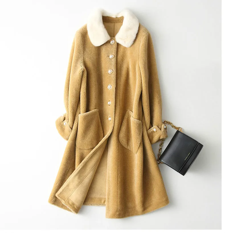 

Высококачественная овечья стрижка модная женская куртка из 100% шерсти норковый воротник меховое пальто женская одежда Ropa Zjt370