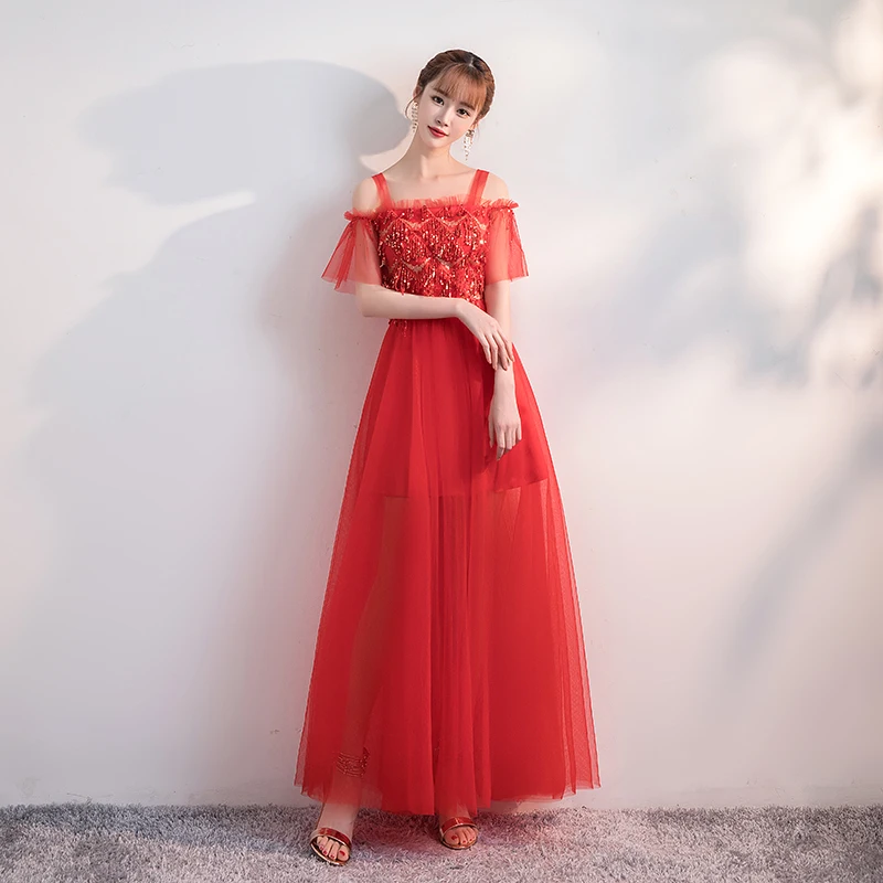 Vestido, элегантное платье подружки невесты, свадебное, вечернее, без рукавов, расшитое блестками, тюль, модное, Дамское, сексуальное, для выпускного вечера, женское платье, красное, для невесты