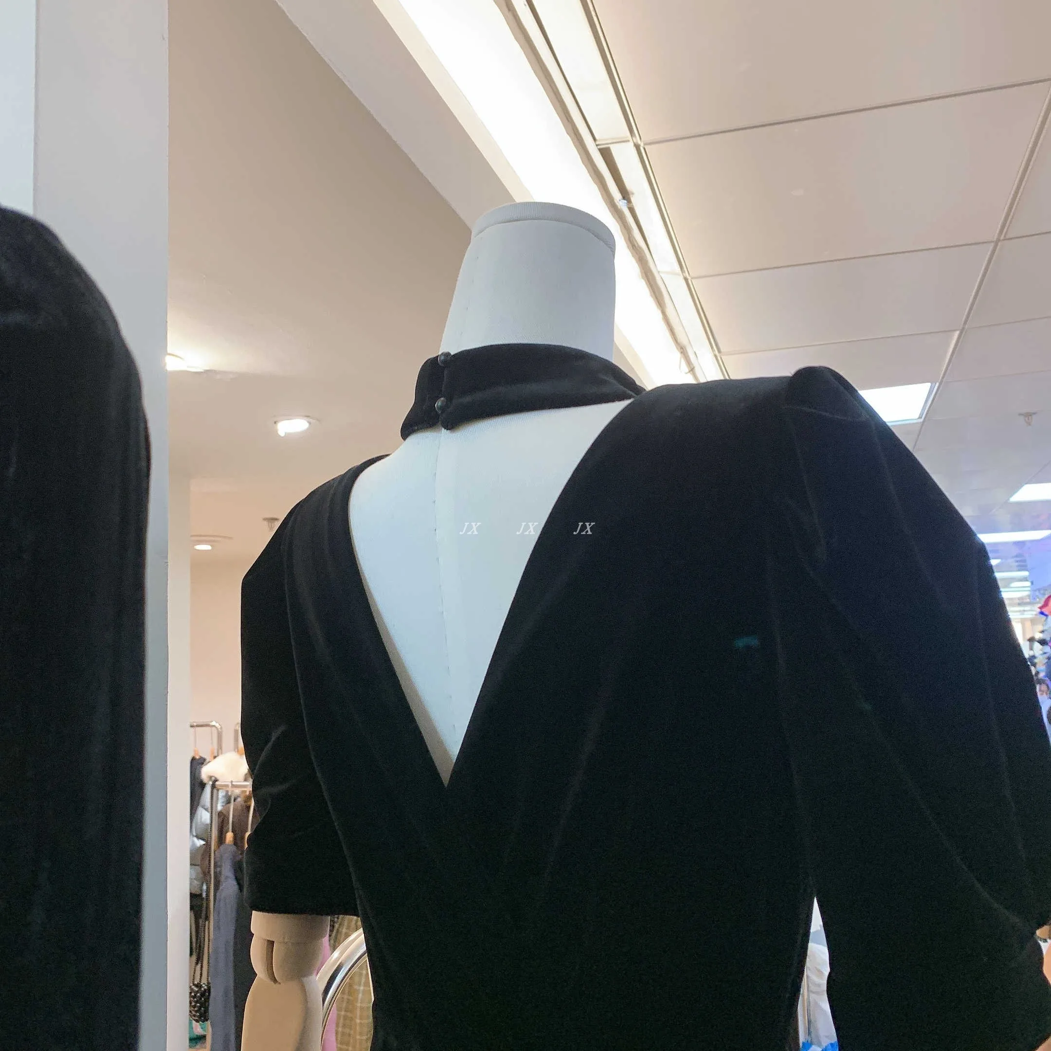 

French style elegant velvet dress women half turtleneck slim puff sleeve high wasit a-line party dress