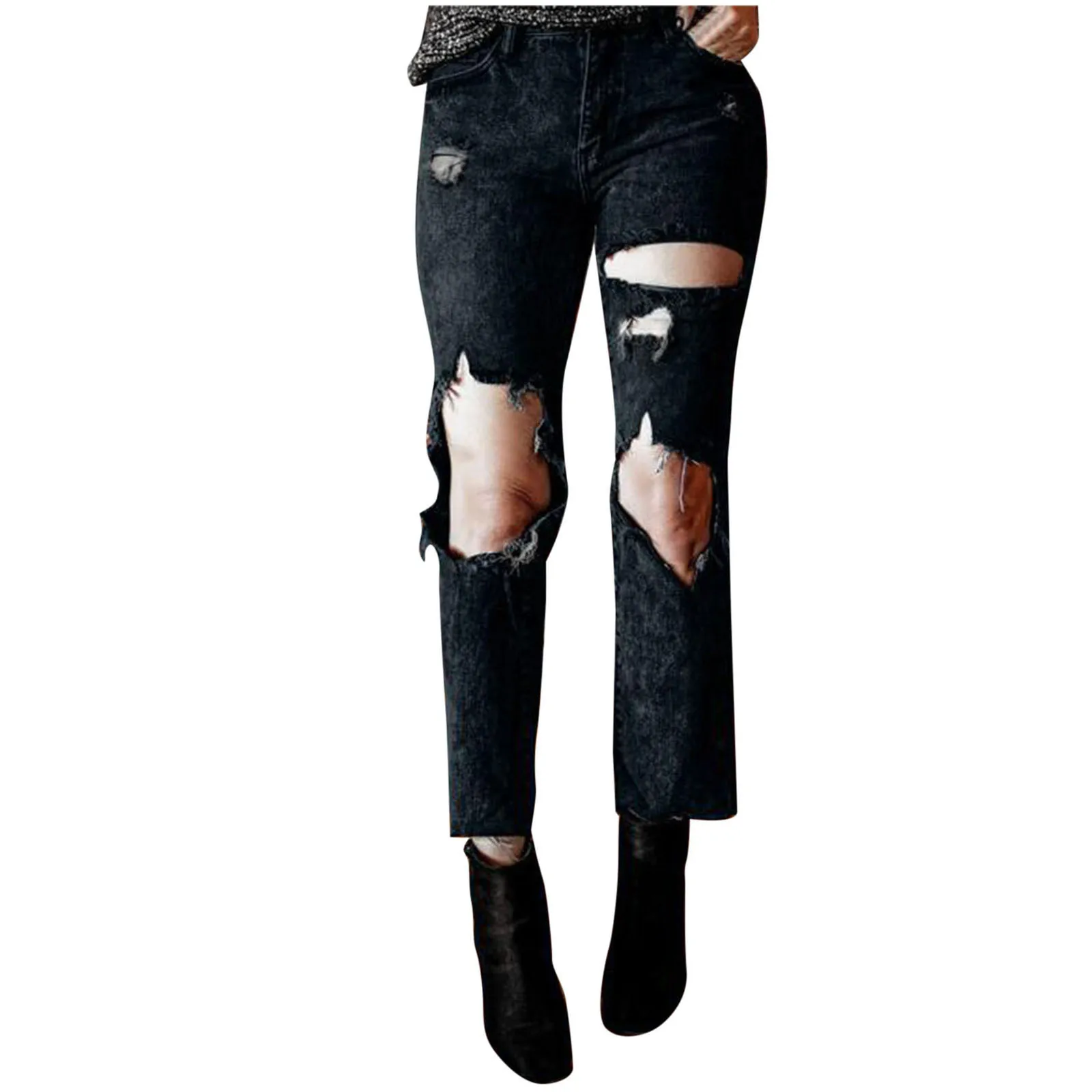 

Женские джинсы с завышенной талией, высококачественные рваные джинсы с разорванным подолом, джинсовые брюки с дырками, простые повседневны...