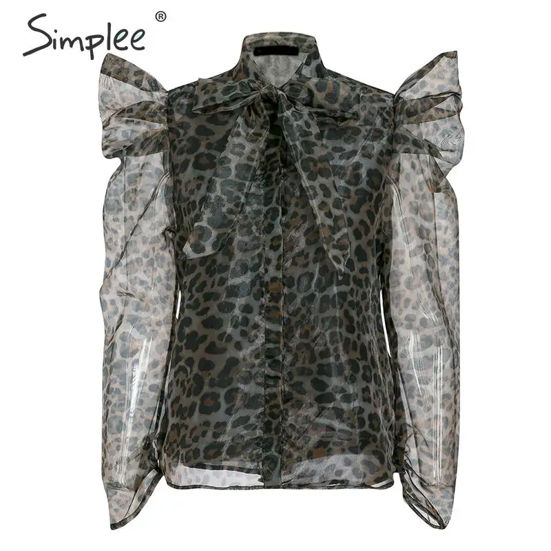 Simplee, леопардовая расцветка, женская блузка, рубашка с буфами на рукавах, на шнуровке, галстук-бабочка, шифоновые блузки, женская мода, уличная одежда, женские топы - Цвет: leopard
