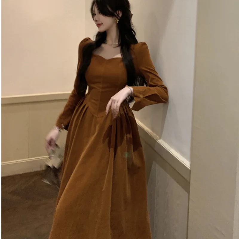 

French Hepburn Autumn Winter Puff Sleeve Long Sleeve Dress Elegant High Waist Flocking Middle Length Dress A Word Dresses AT57