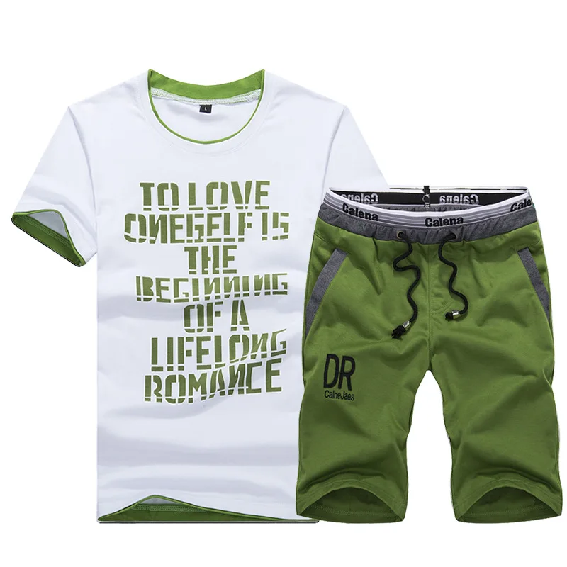 

Two Pieces Set Men Summer Mens Tracksuit Letter Printed Short Sleeve T Shirt And Knee Length Short Men Casual Sport Wear M-4XL