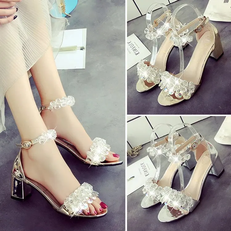 

New Fashion R hinestone Summer Women Sandals Open Toe Thick With Ehe Word Buckle Women's Sandles Square Heel Women's High Heels