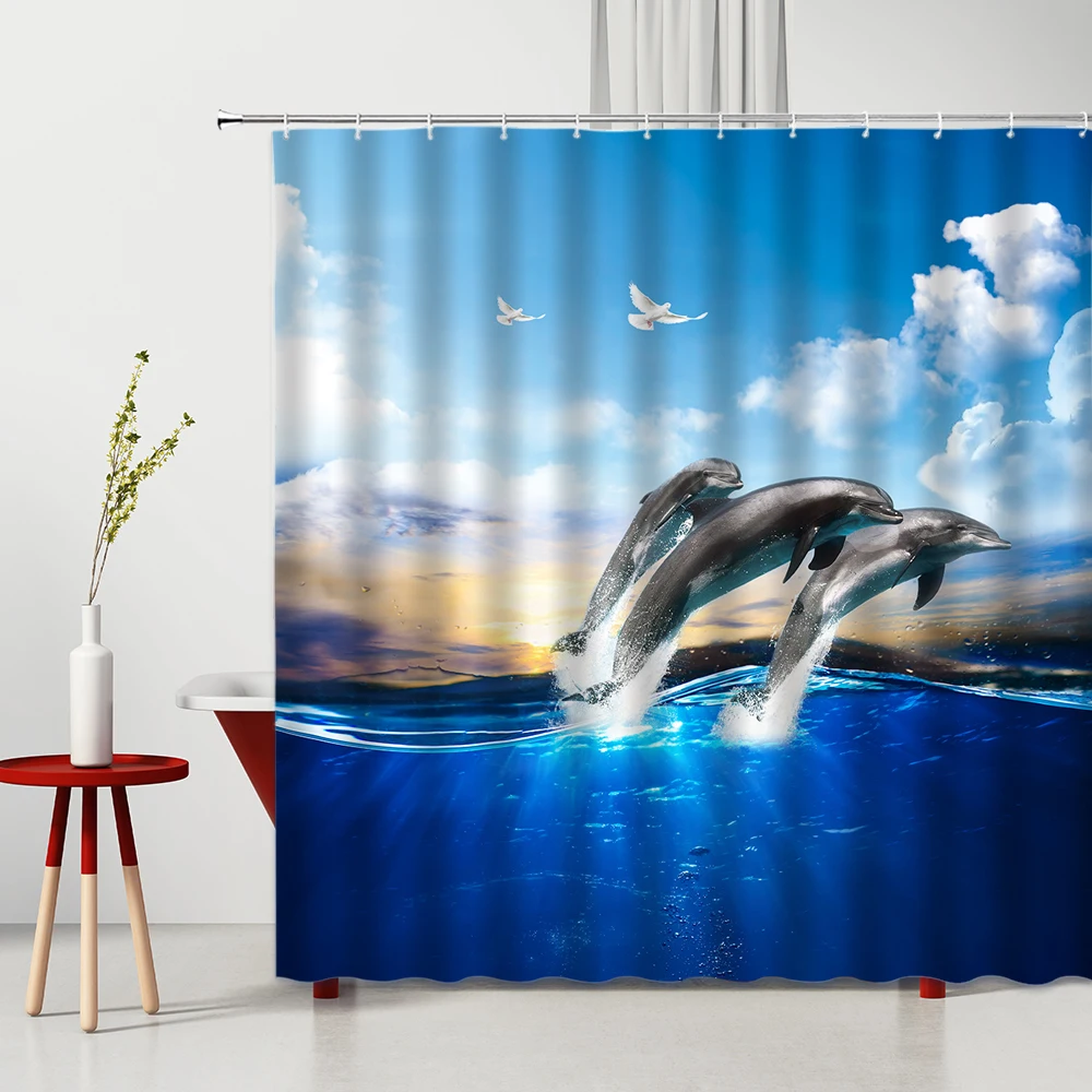 

Animal Shower Curtain Cute Dolphin In Playing Waterproof Polyester Fabric Bathtub Decoration Photography Background